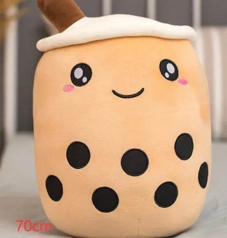 70cm plush boba stuffed toy with embroidered eyes and smiling face, soft bubble tea pillow plushie with black tapioca pearlsPlush Boba Stuffed Toy, bubble tea pillow plushie with cute smile and black boba pearls, 70cm soft plush doll