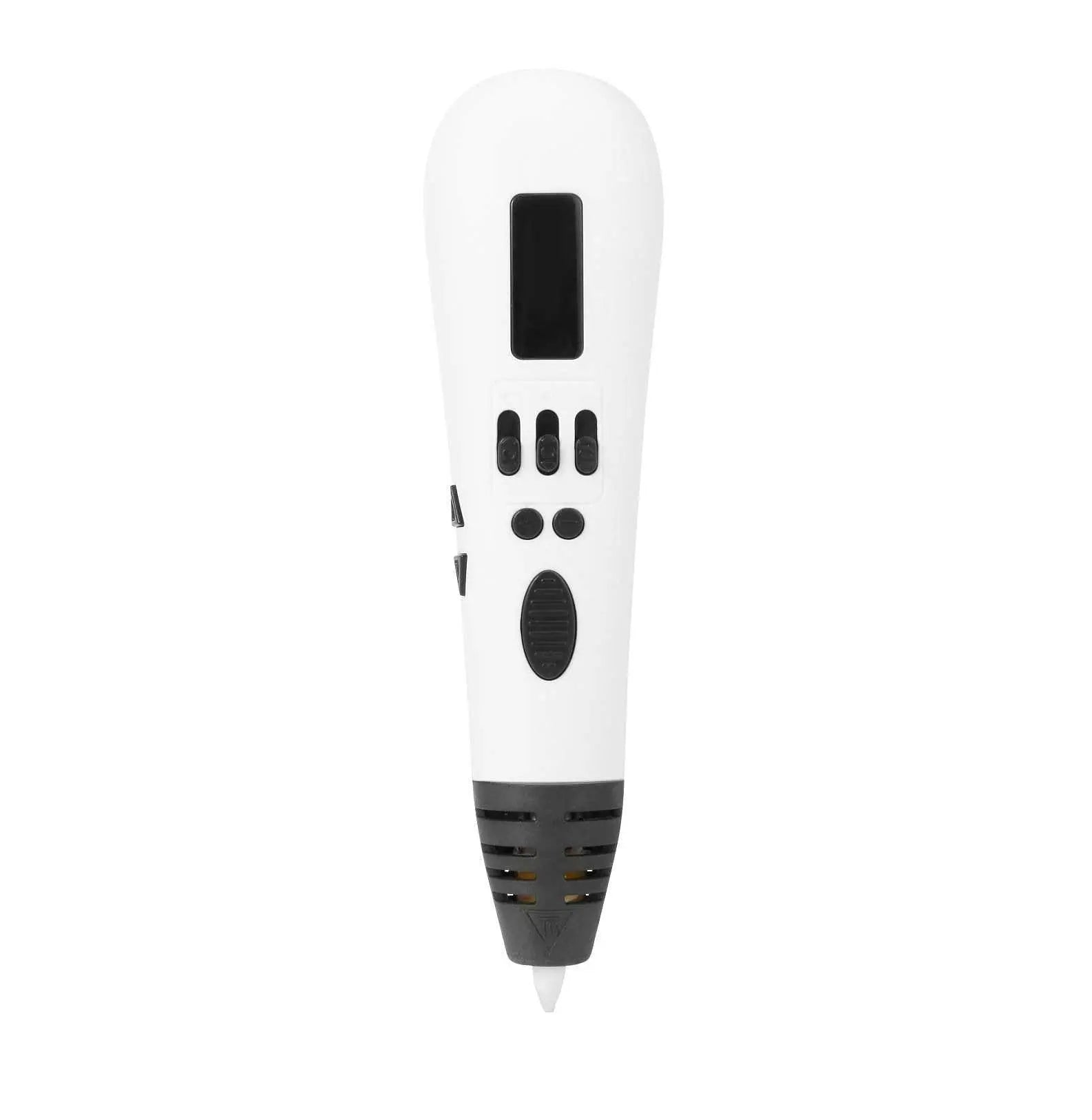 White 3D printing pen with OLED screen and control buttons for adjustable speed and temperature.