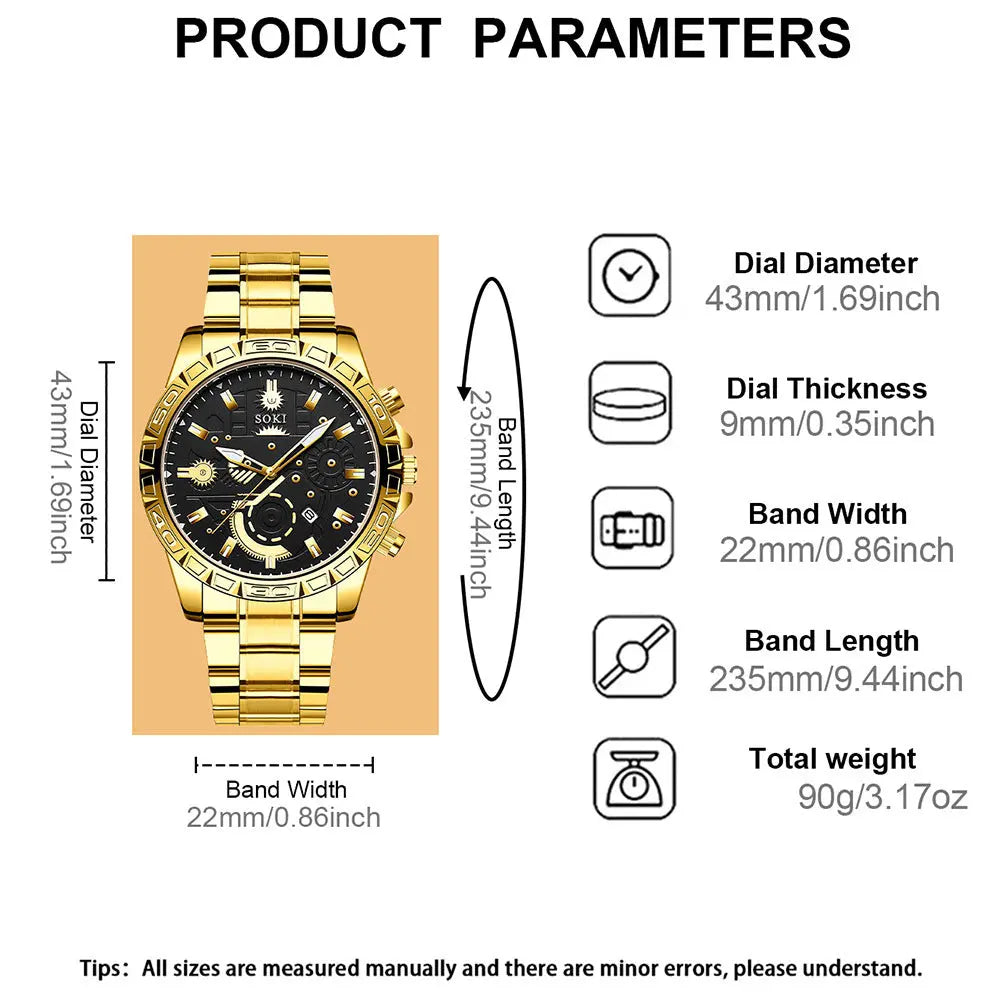 Men's gold coloured watch and curb bracelet gift set with stainless steel strap and spiral crown, business style.