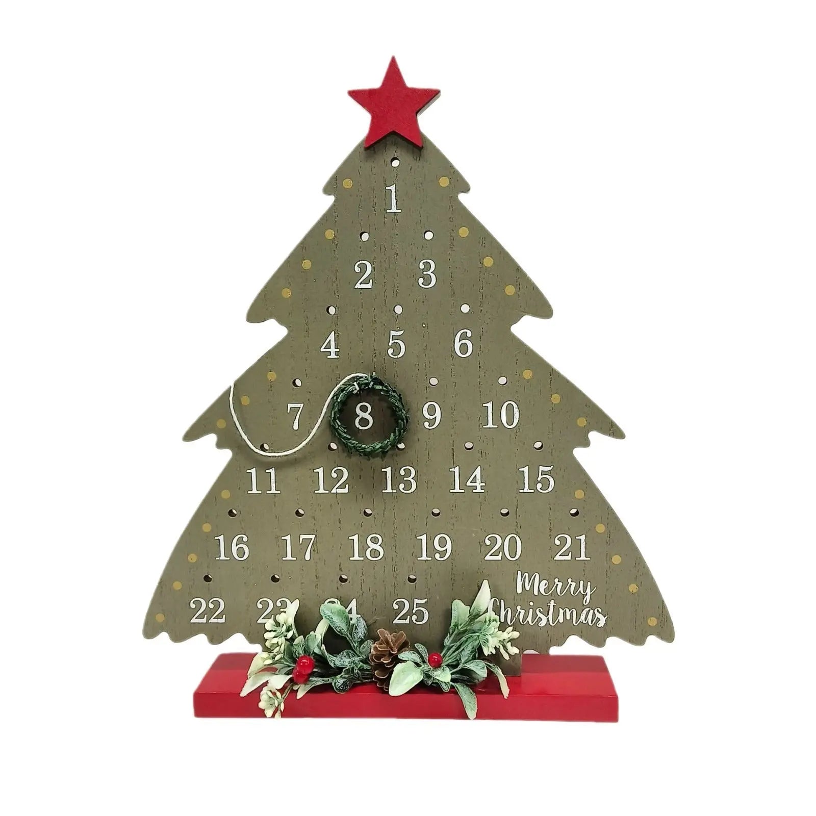 Christmas Wooden Advent Calendar tree-shaped ornament with numbered holes and festive decoration on a red base