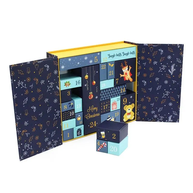 Christmas countdown fillable advent calendar gift box with 24 compartments, festive blue and yellow design, reusable holiday keepsake storage