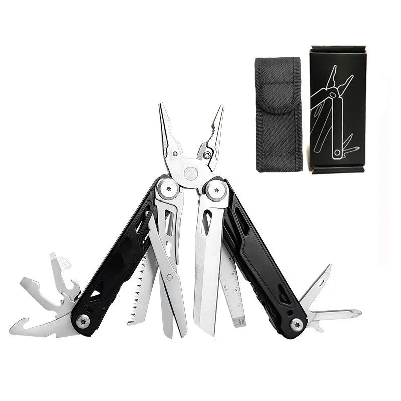 Foldable multitool pliers with scissors screwdriver wire cutters and saw with black carrying case and box