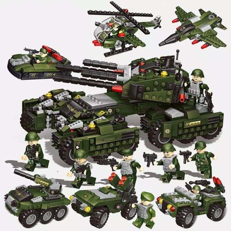 Mobile Police Station building block series with helicopters, tanks, vehicles, and mini police figures, green military-style design