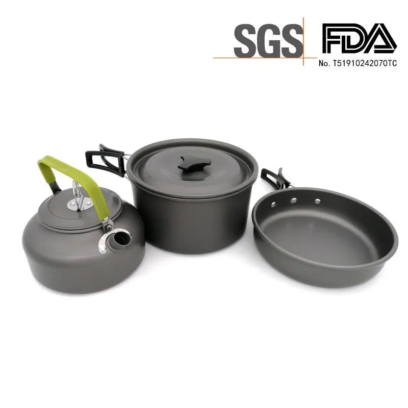 Ultra-light aluminum alloy camping cookware set with teapot, pot, and frying pan for outdoor cooking