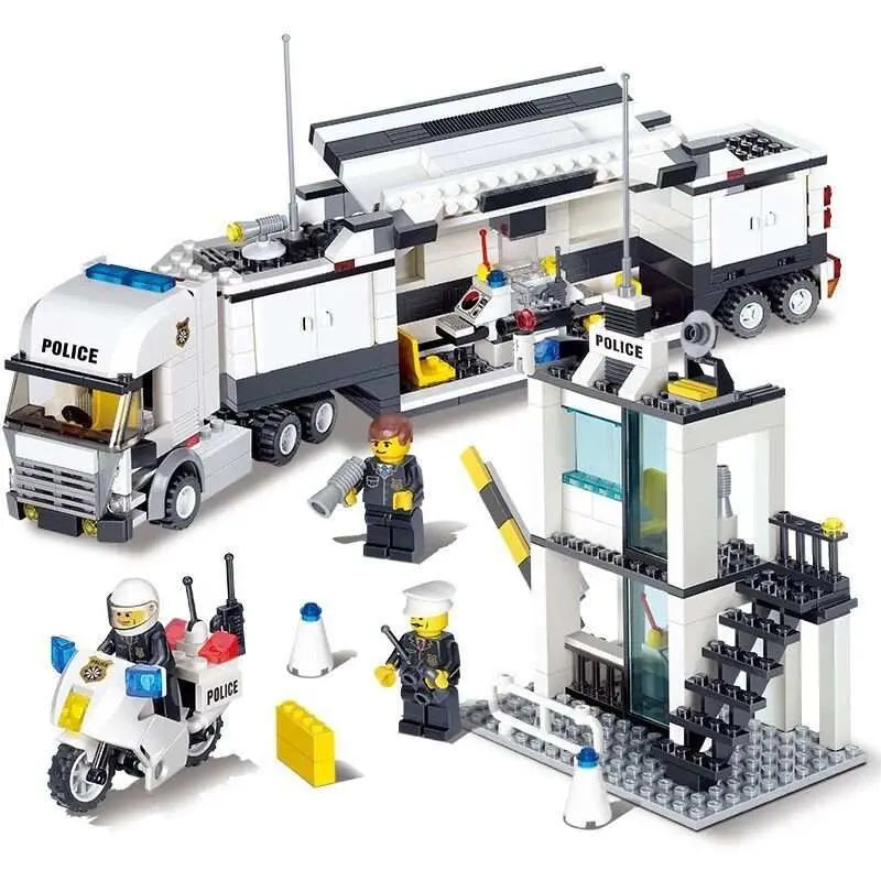 Mobile Police Station building block series with truck, mini police figures, motorcycle, and command tower toy set
