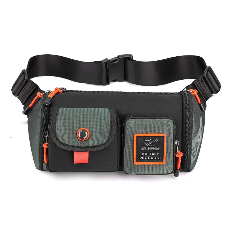 Black and green running waist bag with multiple zippered pockets and adjustable strap for outdoor activities