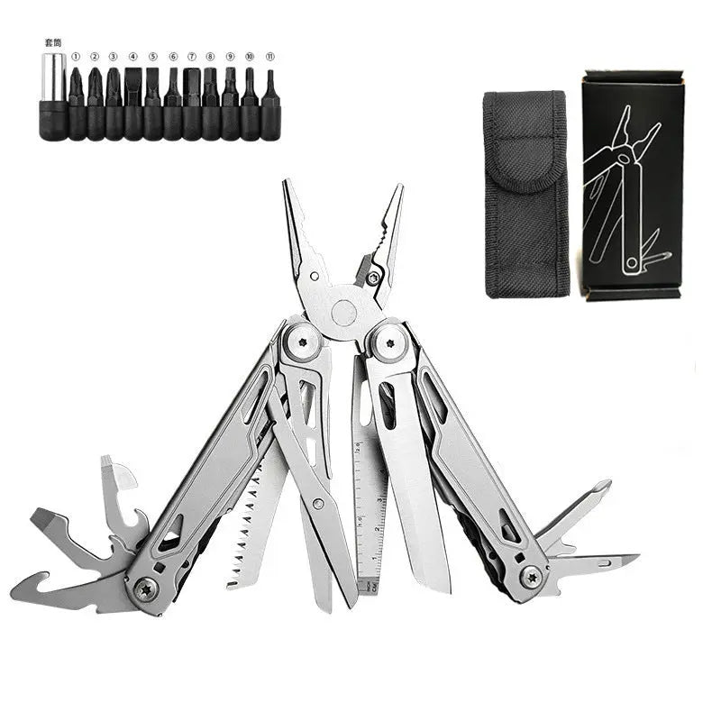 Stainless steel foldable multitool pliers with scissors, screwdriver, saw, and replaceable wire cutters with carrying case and multiple tool bits