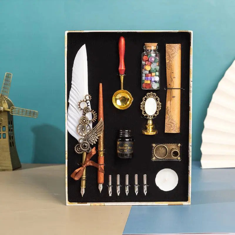 Retro Feather Pen Gift Box luxury calligraphy set with wax seal and vintage writing tools
