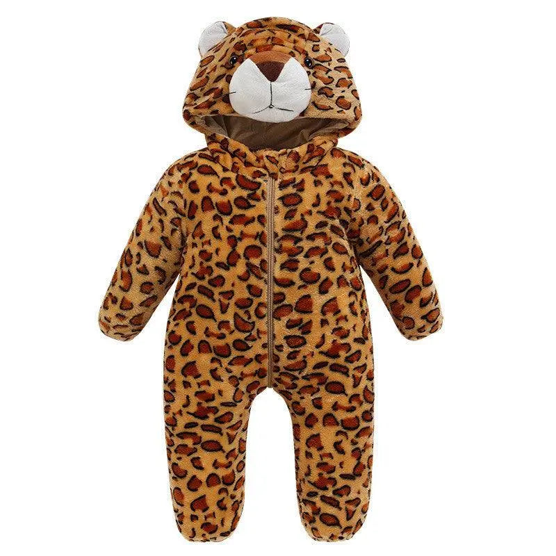 Baby outdoor romper in leopard print flannel cotton with hood and zipper for autumn and winter warmth.