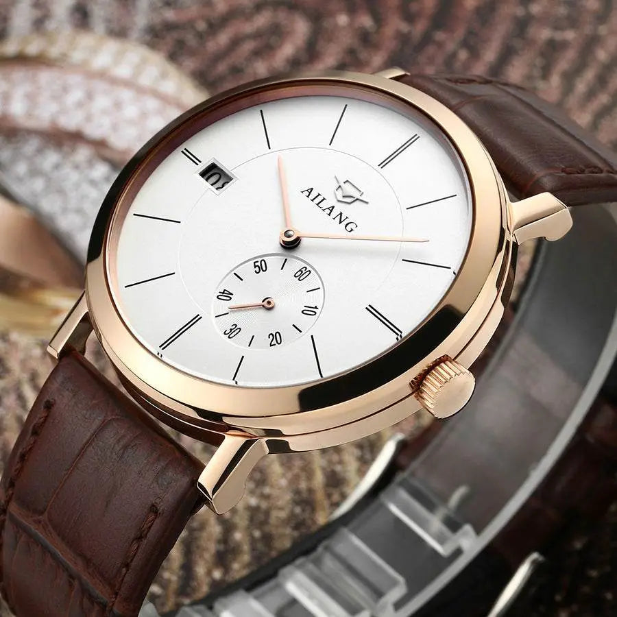 Ailang men's automatic mechanical watch with sapphire crystal glass and brown leather strap