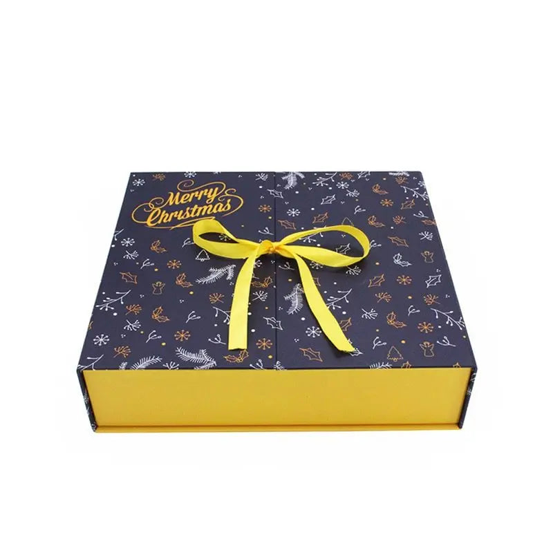 Christmas Countdown fillable advent calendar gift box with navy blue cover, yellow ribbon, and festive prints, 33x30.5x8.5cm keepsake storage box