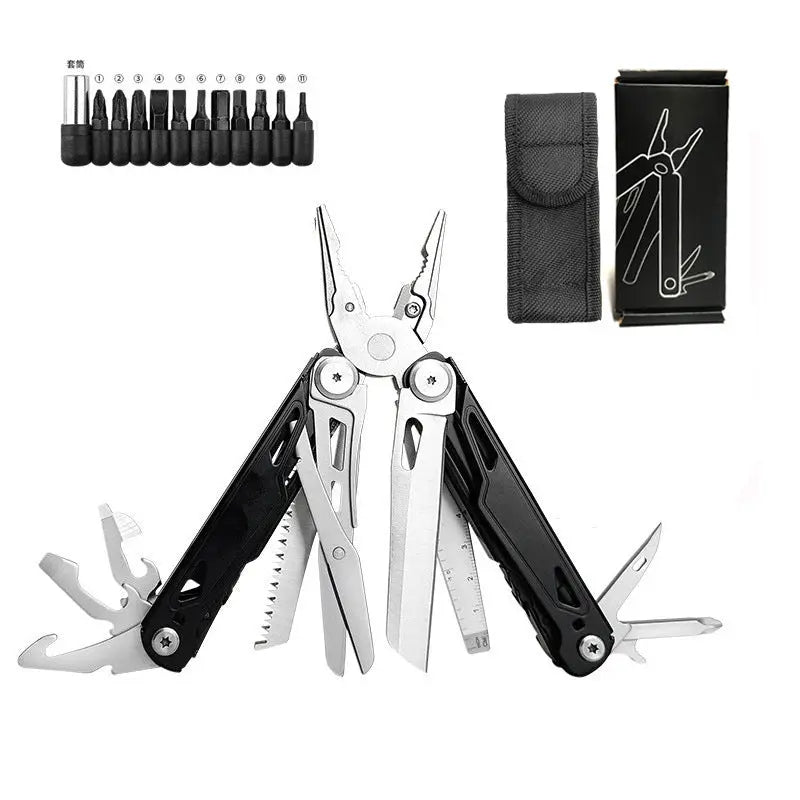 Foldable multitool pliers with scissors, screwdriver, replaceable wire cutters, saw, and carrying case.
