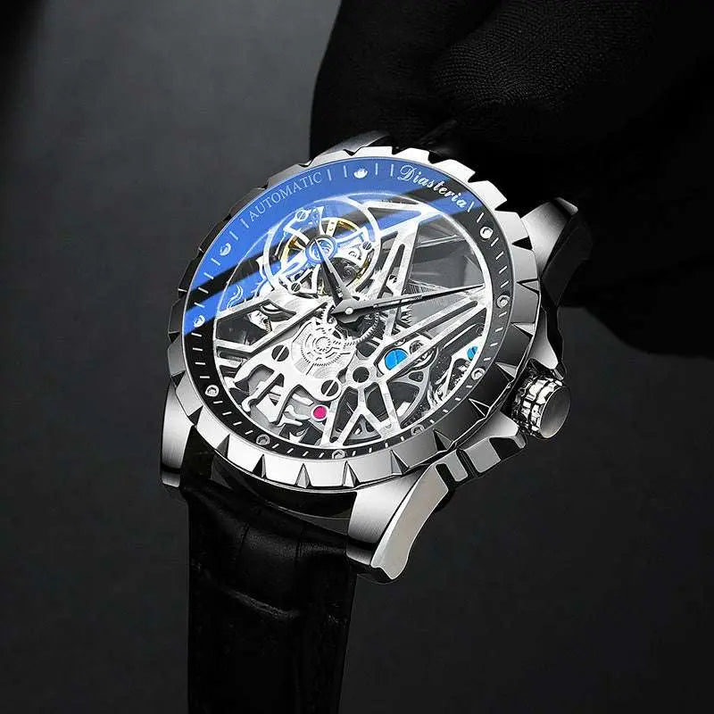 Daystar Fish Scale Mechanical Watch with automatic movement, stainless steel case, and black leather strap.