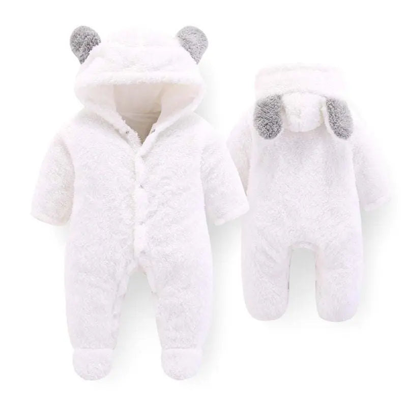 Fluffy white baby winter jumpsuit with hood and cute ears, soft warm toddler outfit