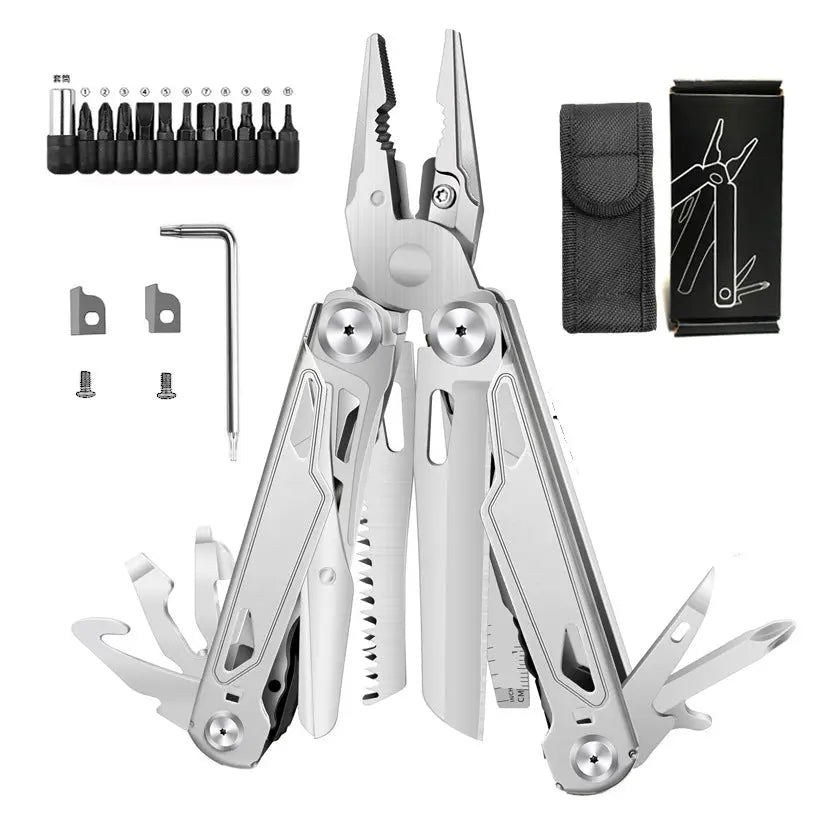 Foldable multitool pliers with scissors, screwdriver, replaceable wire cutters, saw, and carrying case in stainless steel design