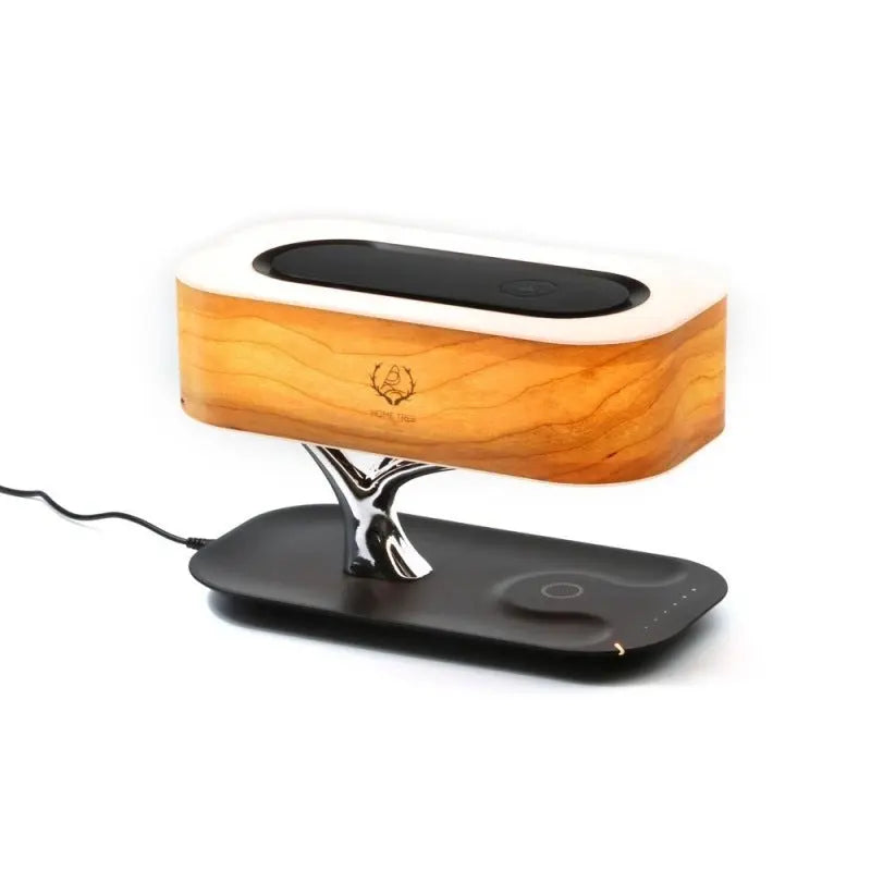 Tree of Life Table Lamp with cherry wood veneer, dimmable light, wireless charging pad, and Bluetooth speaker