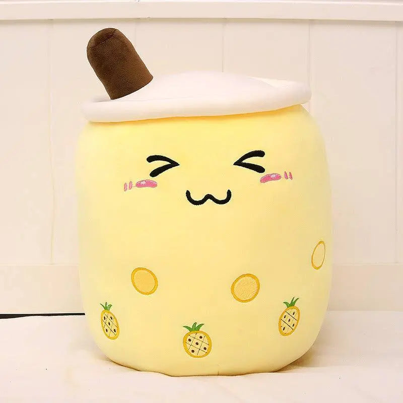 Yellow pineapple plush boba stuffed toy with embroidered cute face and soft fabric
