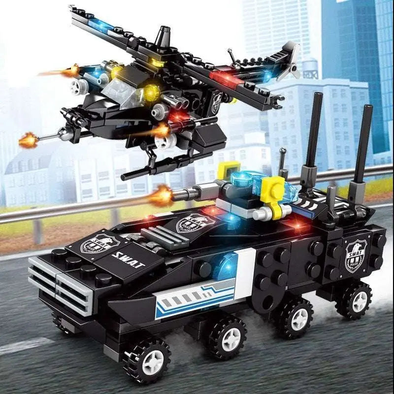 Mobile Police Station building block series with SWAT armored vehicle and helicopter toy set