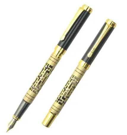 Luxury fountain pen with metal shell, iridium nib, rotating ink supply, and intricate yellow bronze design.