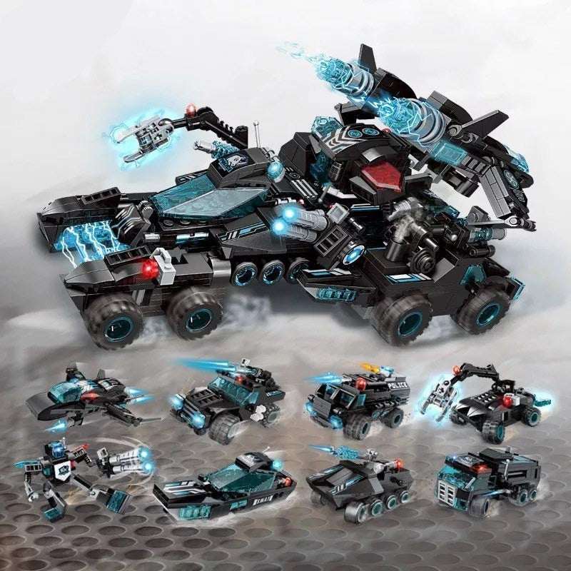 Mobile Police Station building block series with futuristic police vehicles and figures in black and blue colors completing action-packed builds