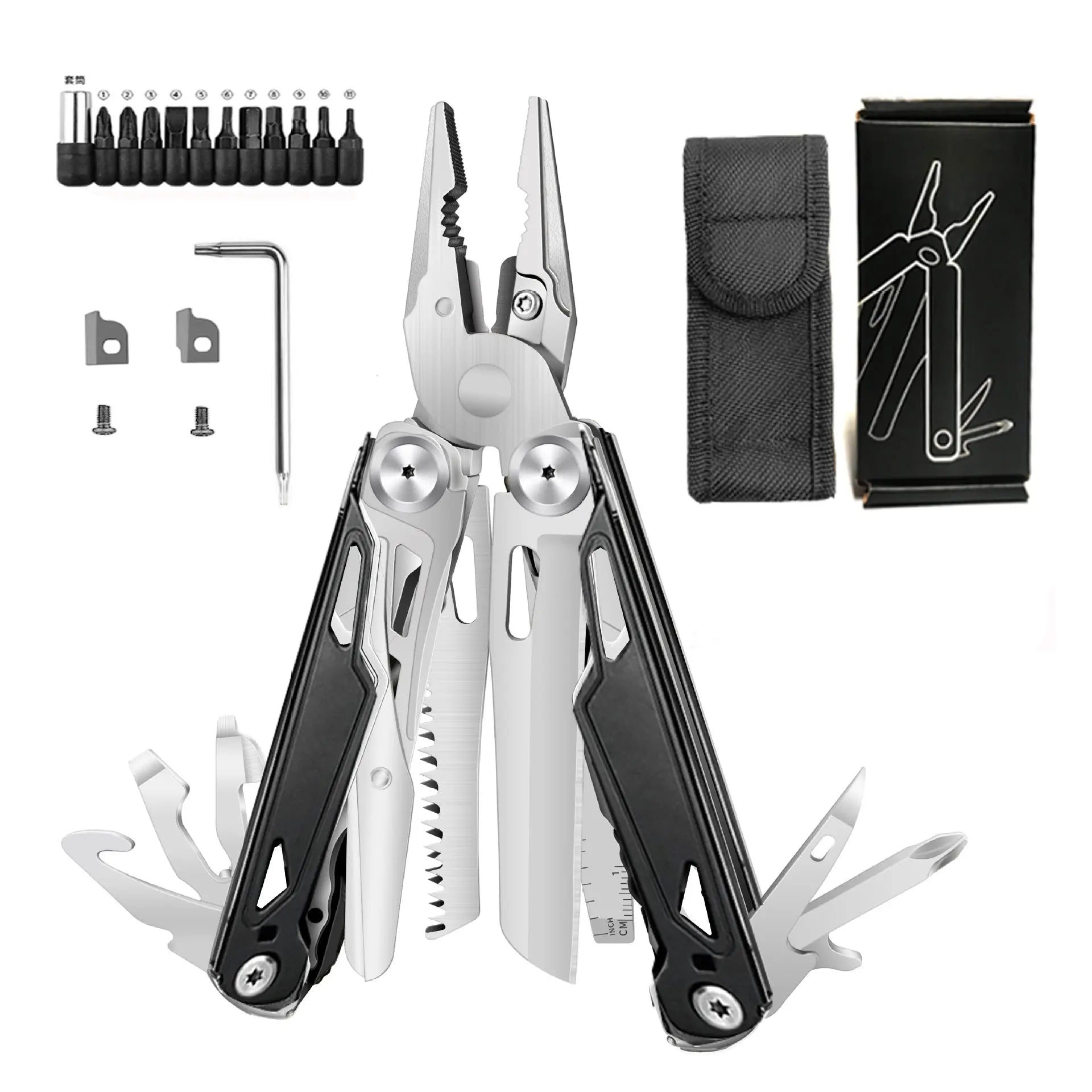 Foldable multitool pliers with scissors, screwdriver, wire cutters, saw, black handles, and carrying case