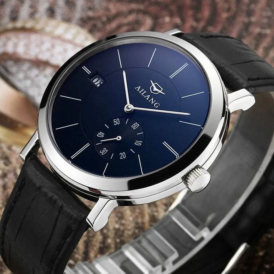 Ailang men's automatic mechanical watch with sapphire glass and black leather strap, elegant round blue dial, slim 10mm profile, and stainless steel buckle