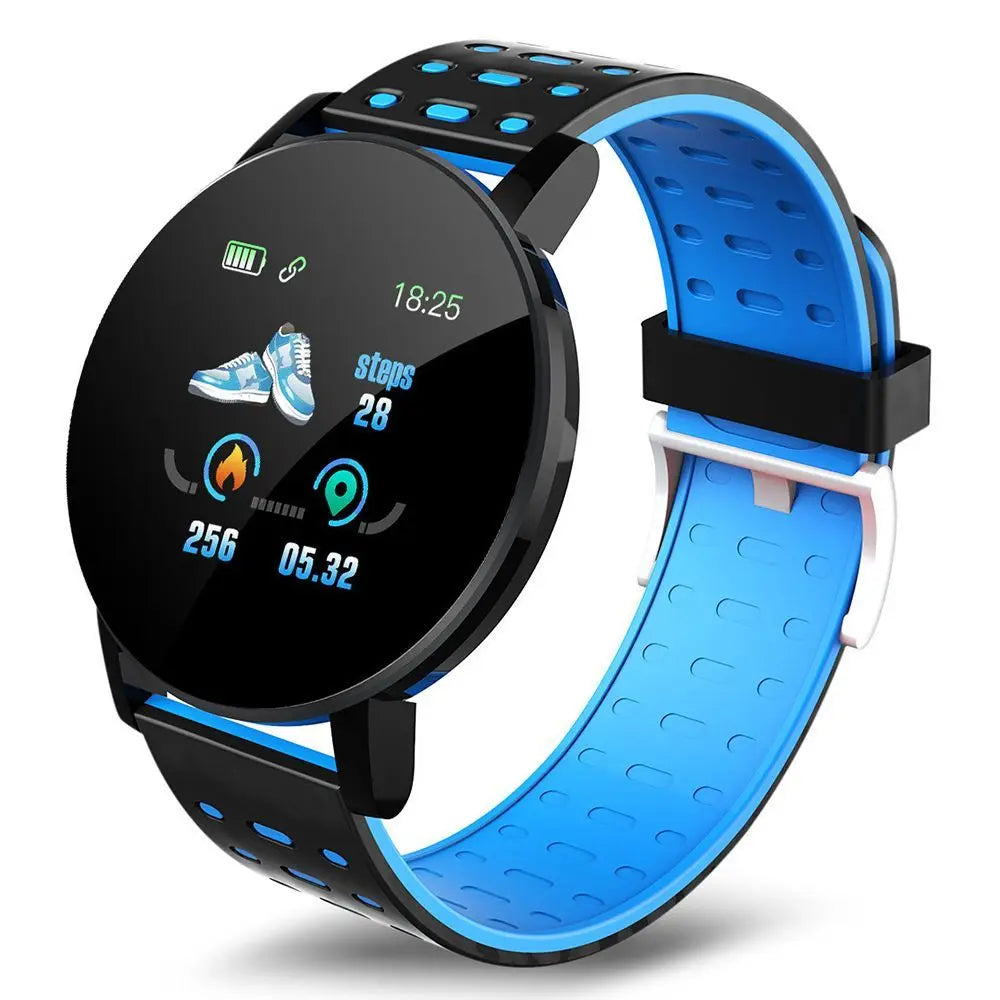 Bluetooth Smart Watch fitness tracker with heart rate monitor and 1.3-inch LED display, blue and black TPU strap.