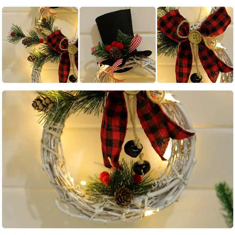 40cm Christmas wreath snowman decoration with LED lights, pine cones, red plaid bow on white twig base for holiday door or wall display