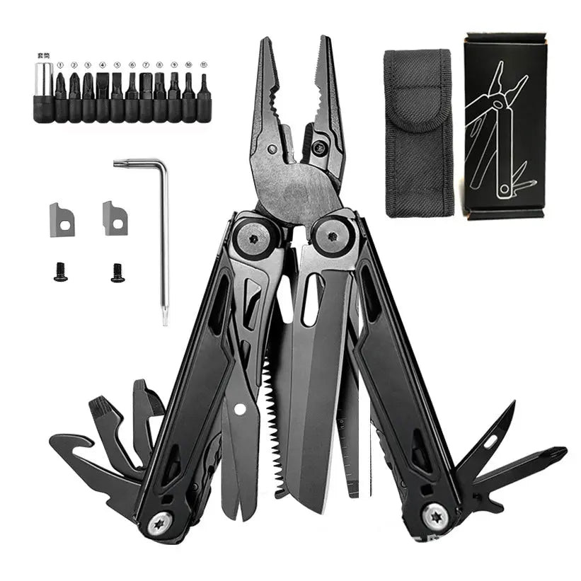 Foldable multitool pliers with scissors, screwdriver, saw, replaceable wire cutters, and accessory bits in black stainless steel with carrying case