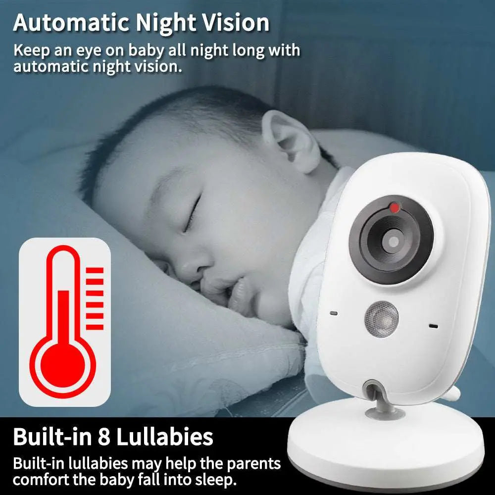 3.2-inch digital baby monitor with automatic night vision, temperature display, and built-in lullabies for baby care.