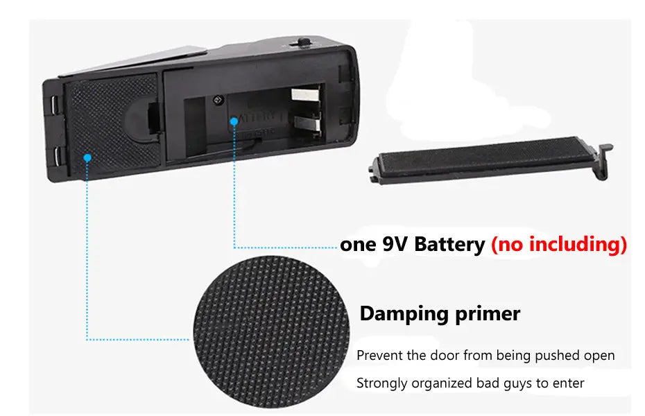 Electronic door stop alarm with 9V battery slot and anti-slip damping primer for home security.