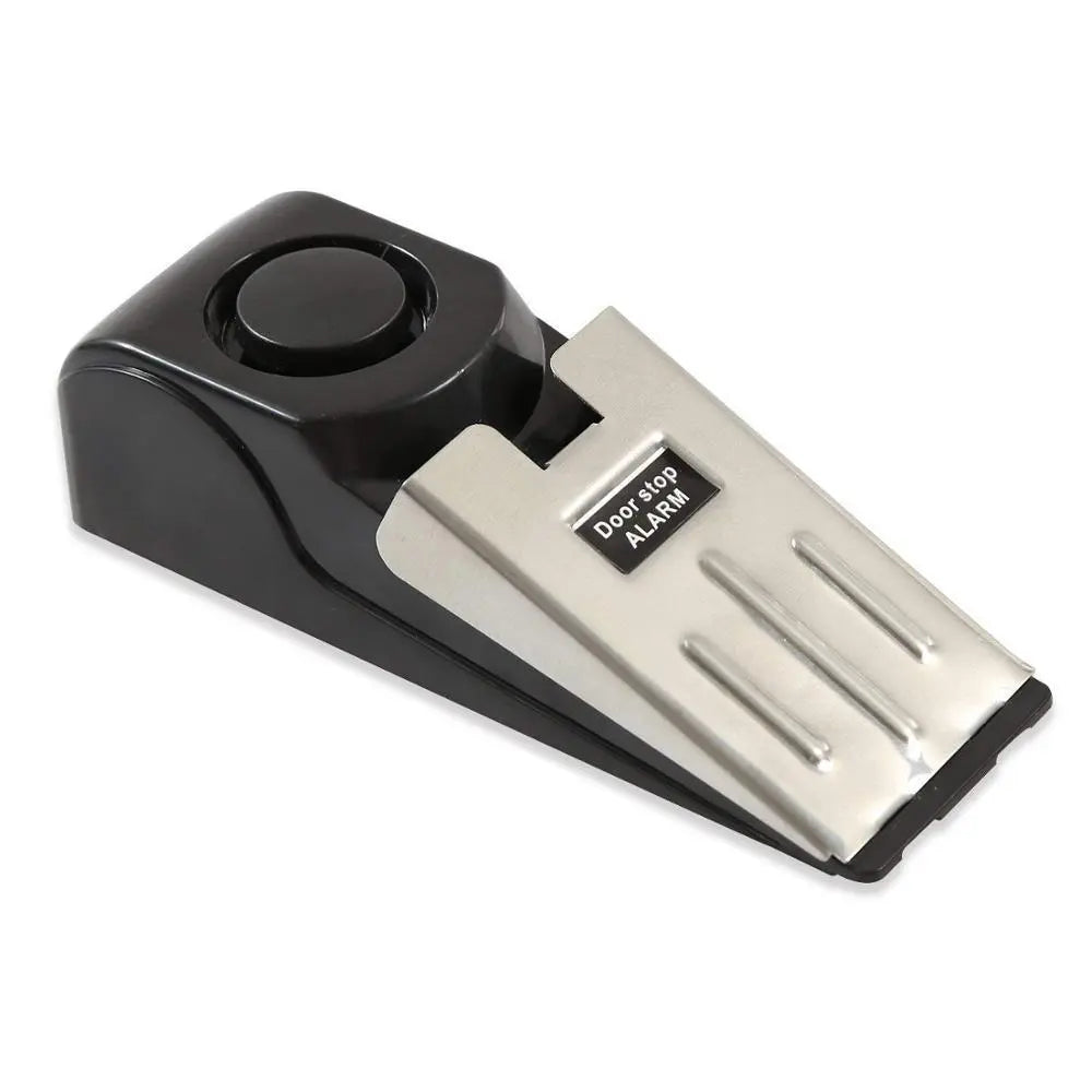 Black and silver electronic door stop alarm with 150dB siren for home security