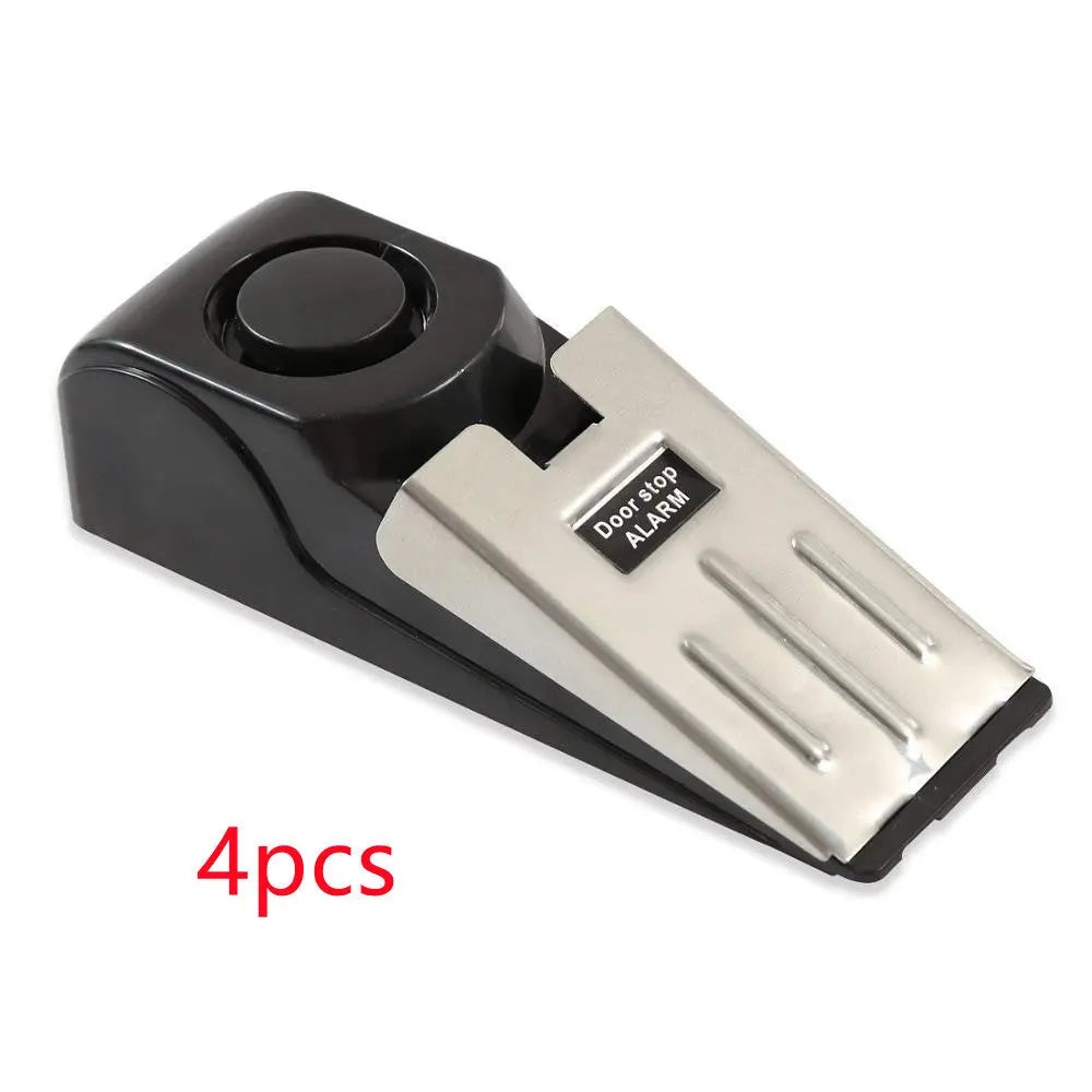 Electronic door stop alarm with 150dB siren for home security, black and silver wedge design, pack of 4