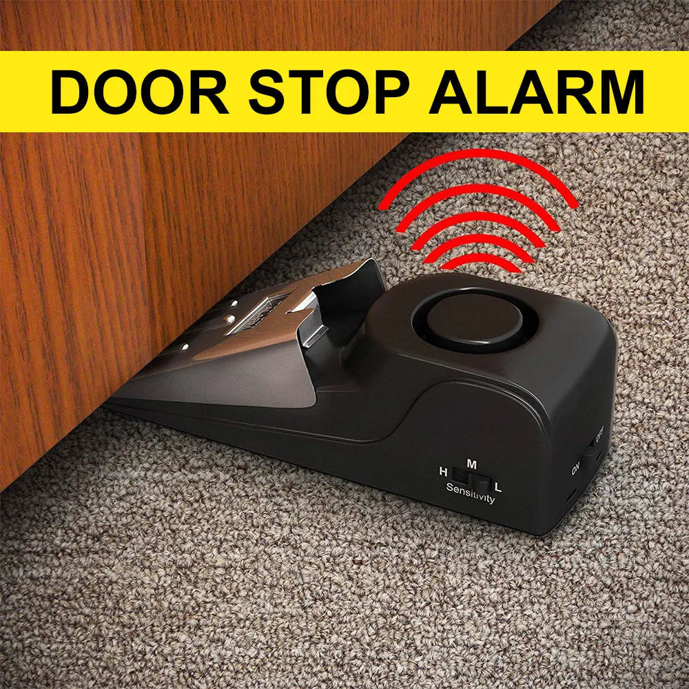 Electronic door stop alarm with 150dB siren for home security and intruder alert.
