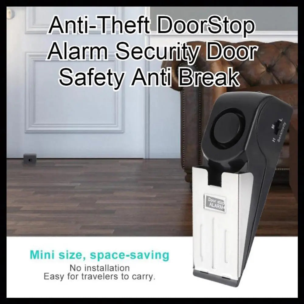 Electronic door stop alarm with 150dB siren for home security and intruder alert, compact and portable design.