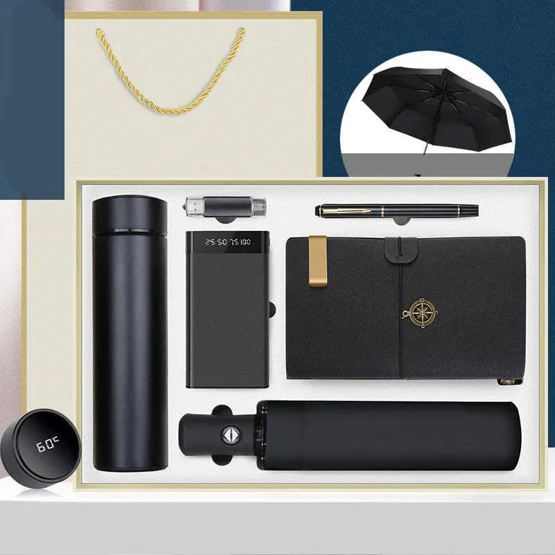 Ultimate Gift Box luxury 8-piece business set with thermos, umbrella, notebook, pen, U-disk, power bank, Bluetooth speaker, and keychain