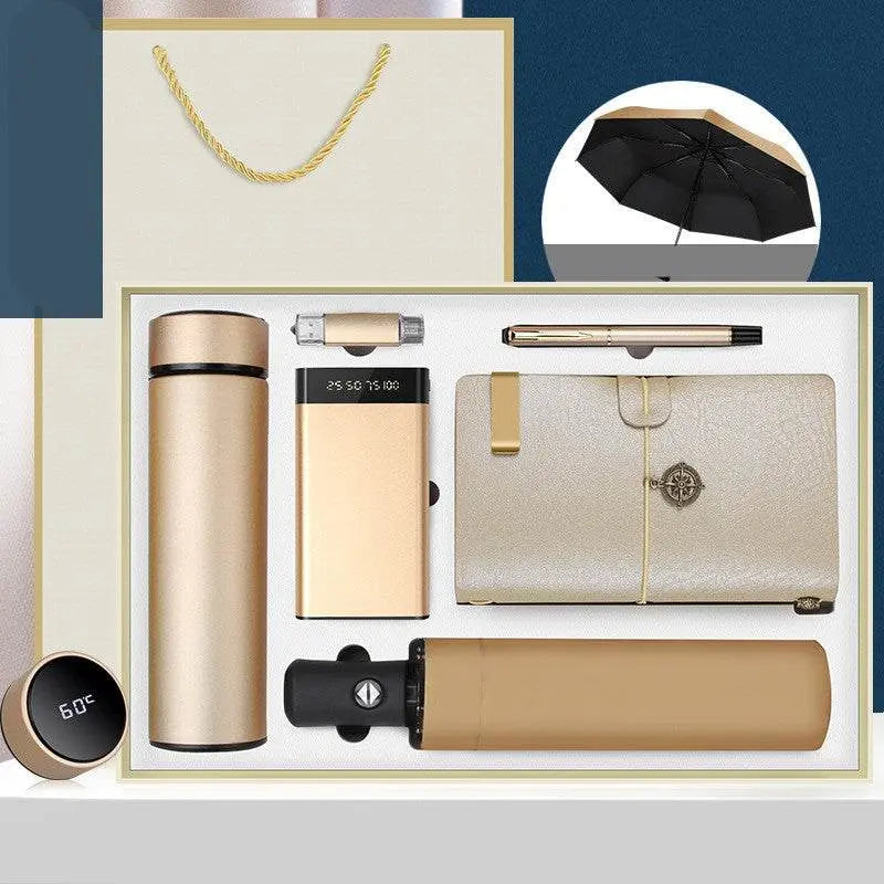 Ultimate Gift Box with thermos, umbrella, notebook, pen, U-disk, power bank, Bluetooth speaker, and keychain in luxury packaging