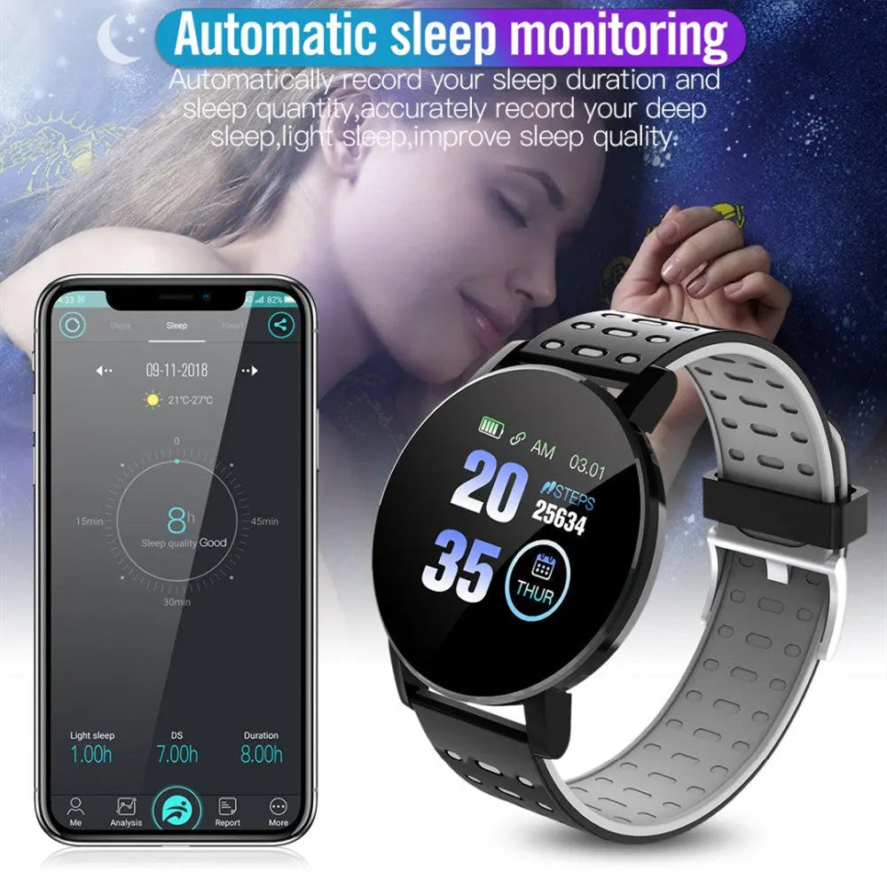 Bluetooth smart watch with automatic sleep monitoring and heart rate tracking displayed on phone and watch screens