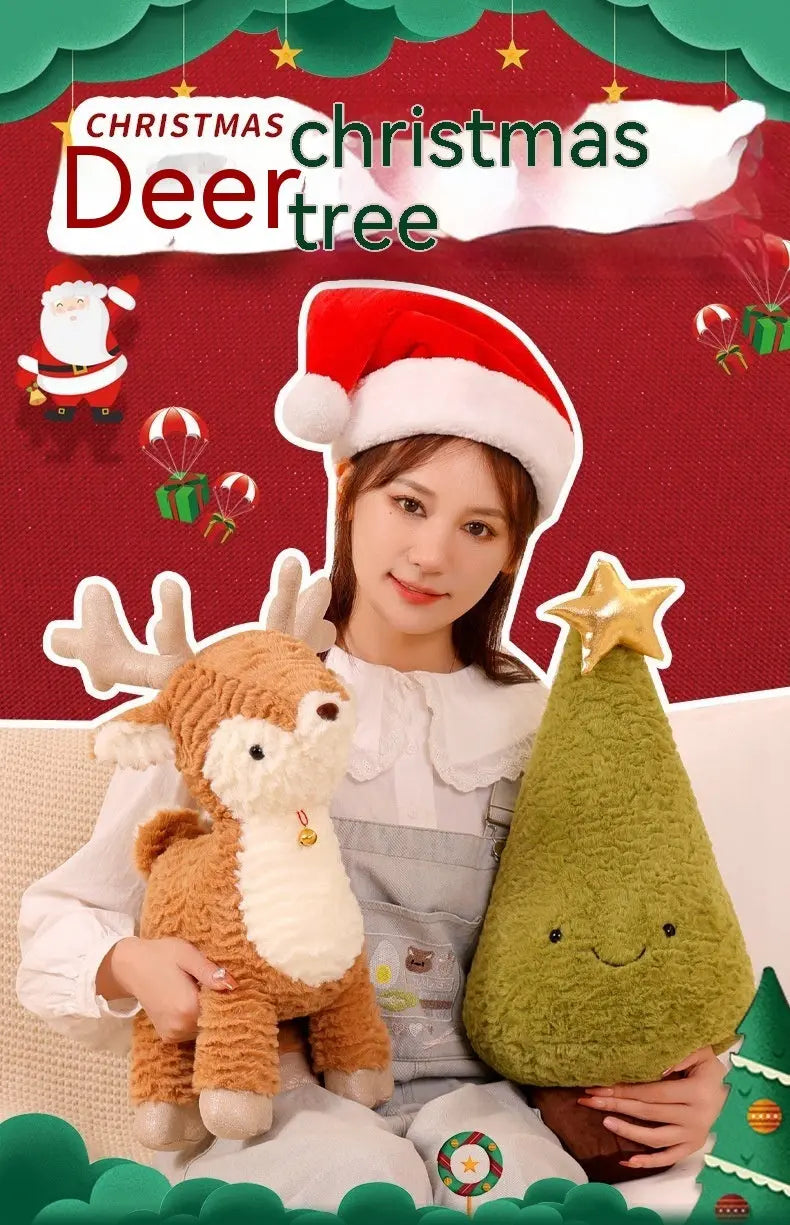 Plush reindeer and Christmas tree holiday pillows in soft velvet with festive design and multiple size options