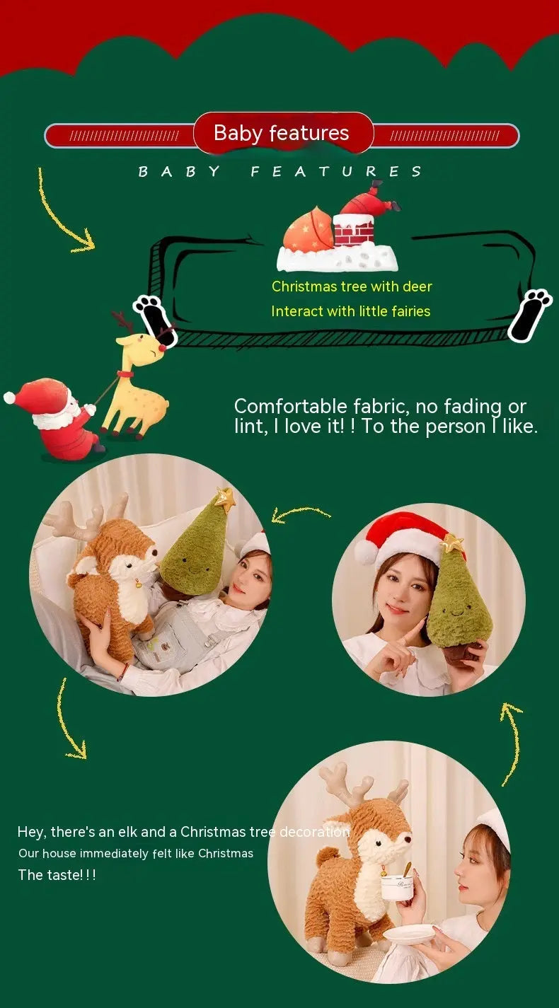 Plush reindeer and Christmas tree cushions in soft embossed velvet, festive holiday decor pillows available in 30cm, 40cm, and 50cm sizes.