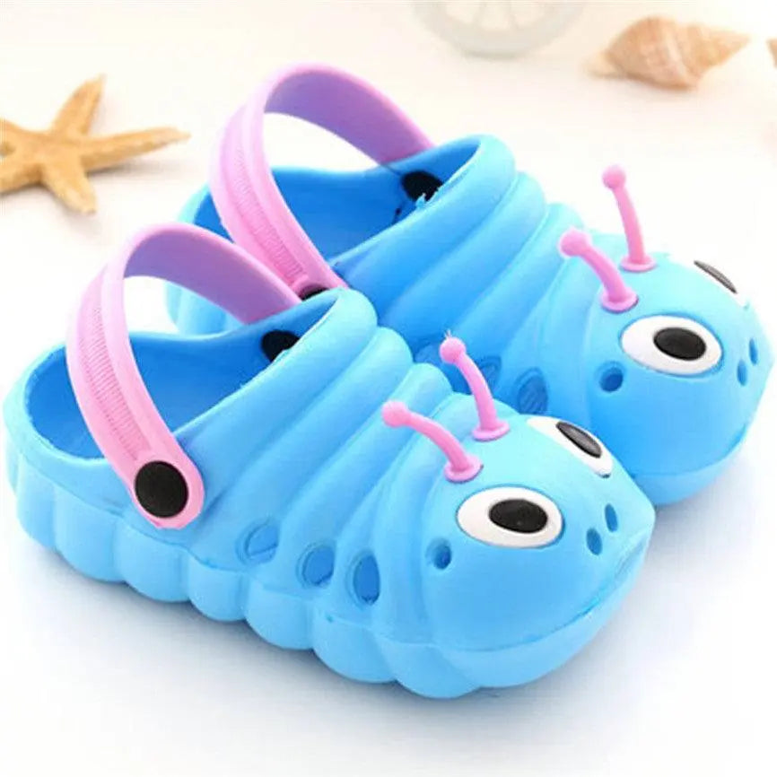 Blue breathable baby shoes for boys with pink strap and cartoon insect design made of durable EVA material