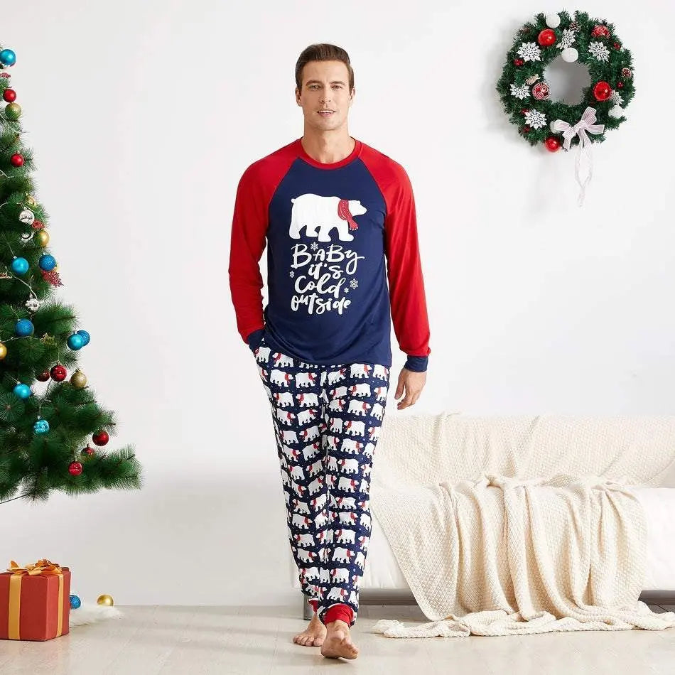 Christmas family matching pyjamas with red and navy blue polar bear design, cozy holiday loungewear set.