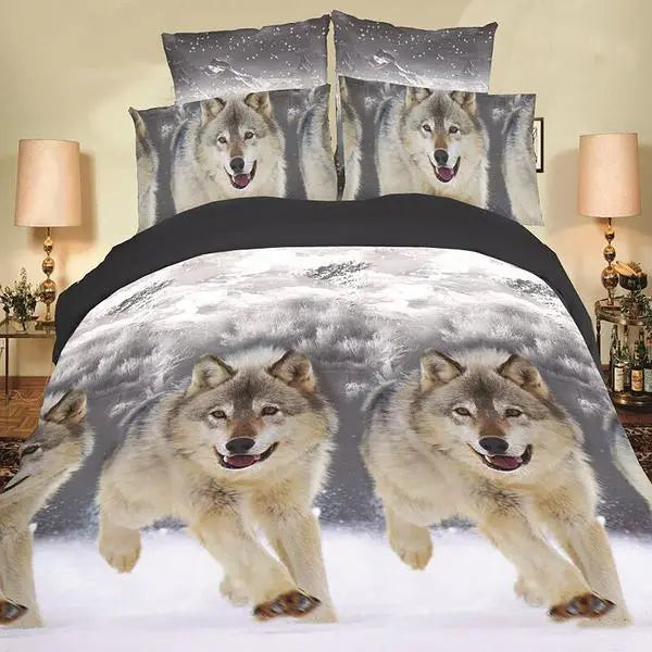 Wolf-themed bedding set with wolves in a snowy landscape on a bedspread.