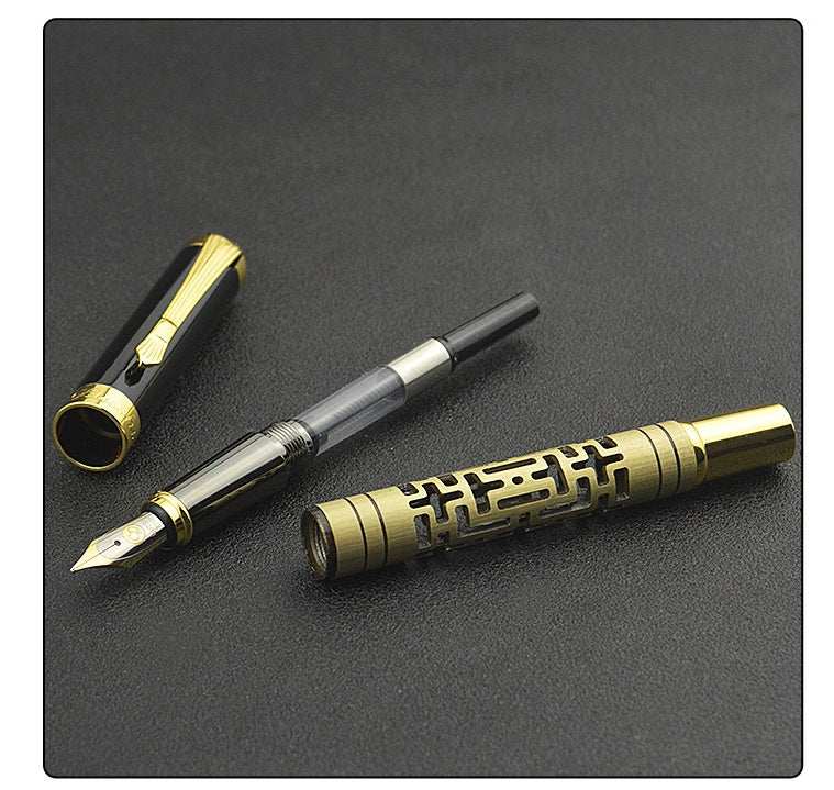 Luxury fountain pen with metal shell, iridium nib, and rotating ink supply system in yellow bronze finish.
