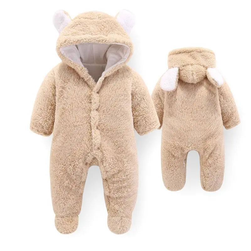 Fluffy beige baby winter jumpsuit with hood and ears, front and back view