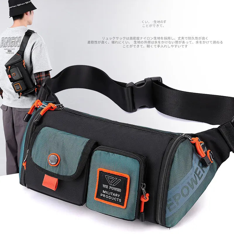 Running waist bag with lycra fabric, multiple compartments, and adjustable strap for outdoor climbing and hiking.