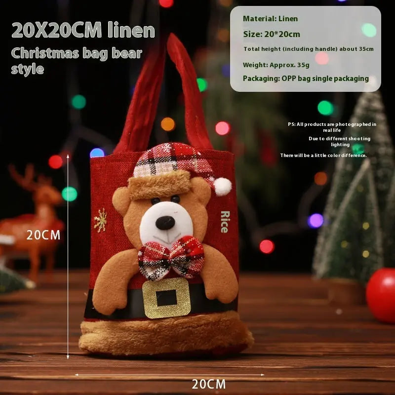 Christmas Gift Tote Bag linen bear style with red handles and festive bear design, 20x20cm size, eco-friendly reusable holiday gift bag