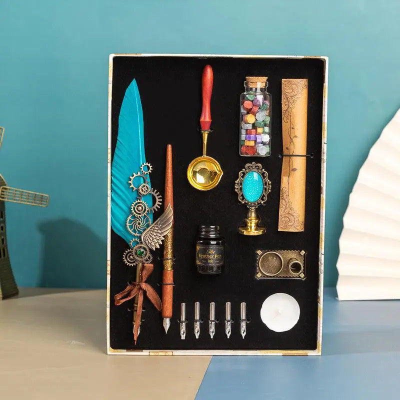 Retro feather pen gift box with wax seal kit and calligraphy tools in luxury packaging