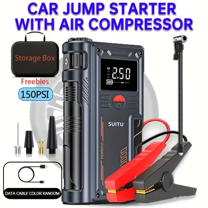 Car jump starter with air compressor and accessories on a white background