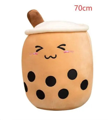 70cm Plush Boba Stuffed Toy with embroidered squinted eyes and black tapioca pearls design